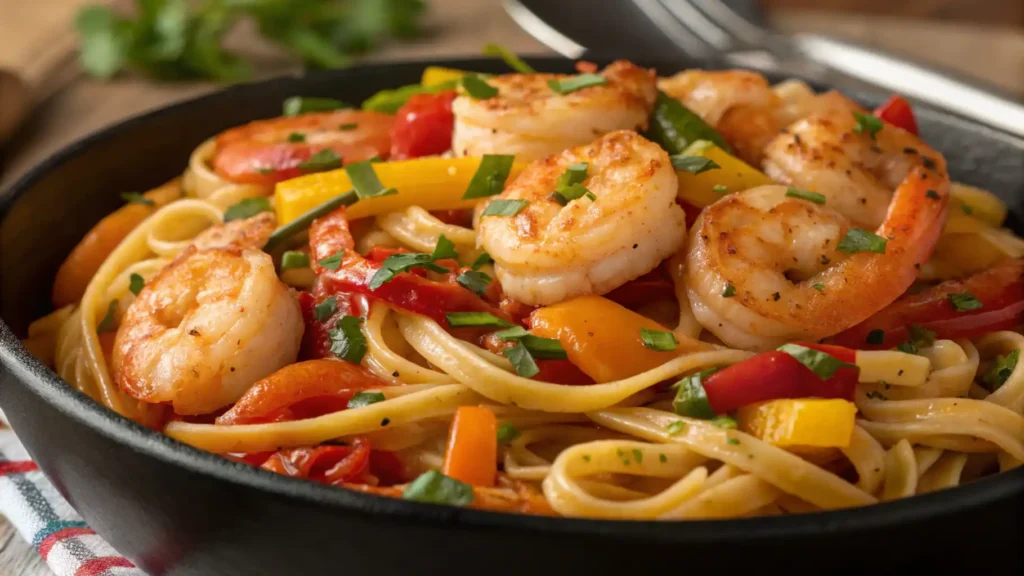 Creamy Jamaican Shrimp Pasta with tender shrimp, garlic sauce, and herbs, served in a white bowl, ready for a flavorful family dinner.