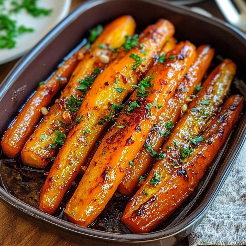 Maple Dijon Roasted Carrots on a white plate garnished with fresh herbs