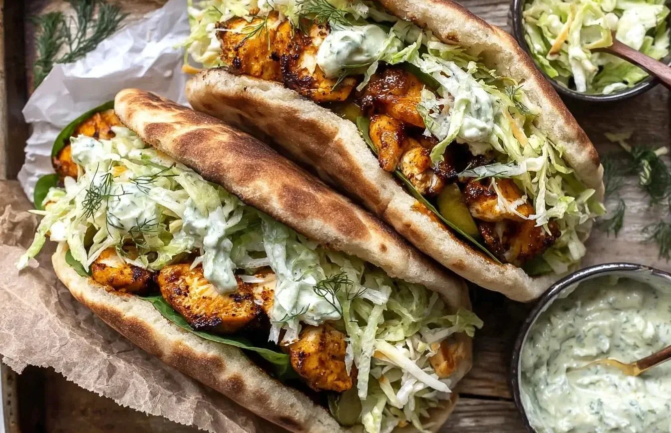 Sheet pan chicken pitas topped with herby ranch dressing and fresh vegetables