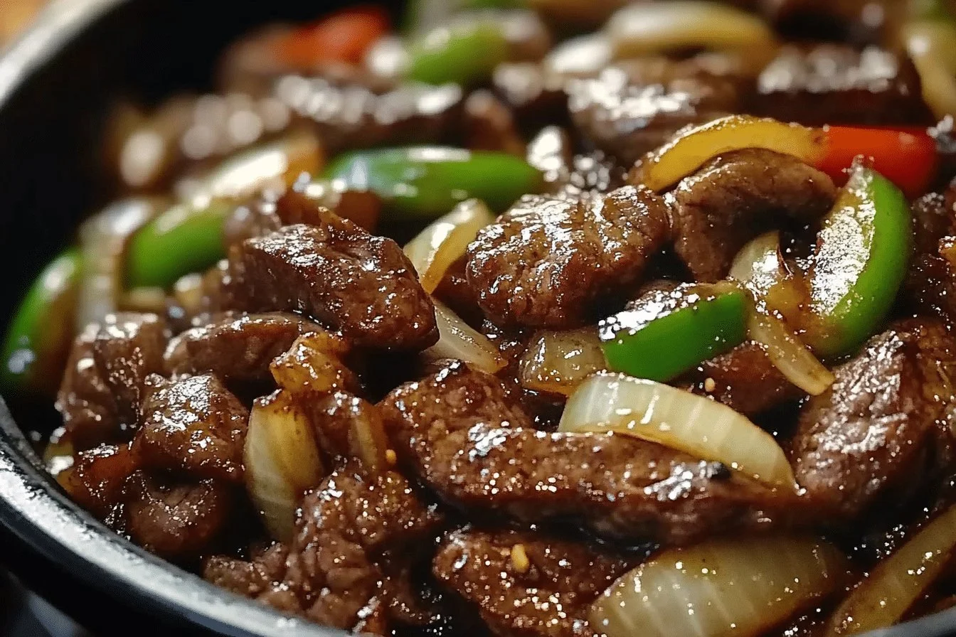 Sizzling Chinese pepper steak with onions served on a plate