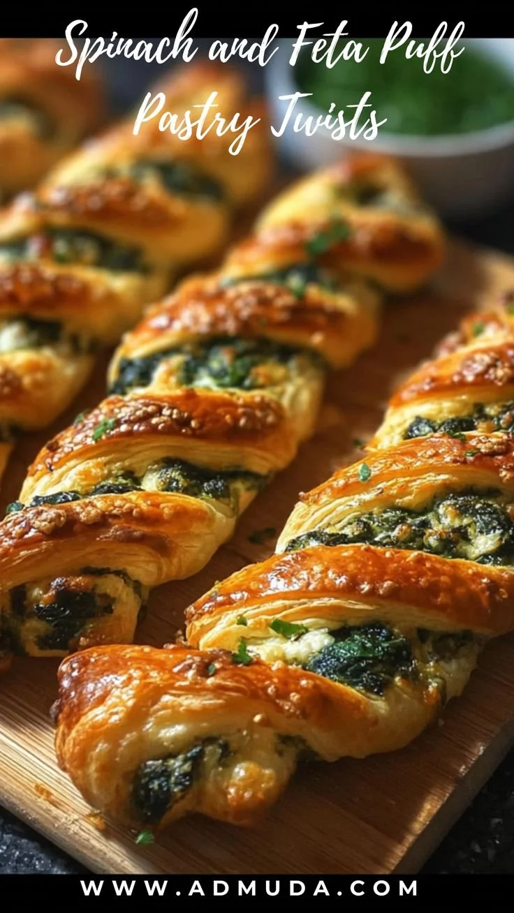 Spinach and feta puff pastry twists ready to serve as appetizers