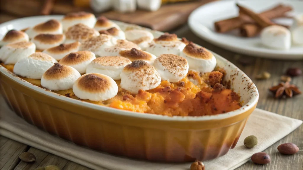 A close-up of Sweet Potato Casserole with Marshmallows served fresh and beautifully styled.