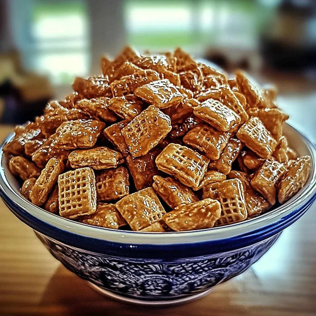 Delicious Toffee Chex Mix in a bowl, a perfect sweet and crunchy snack.