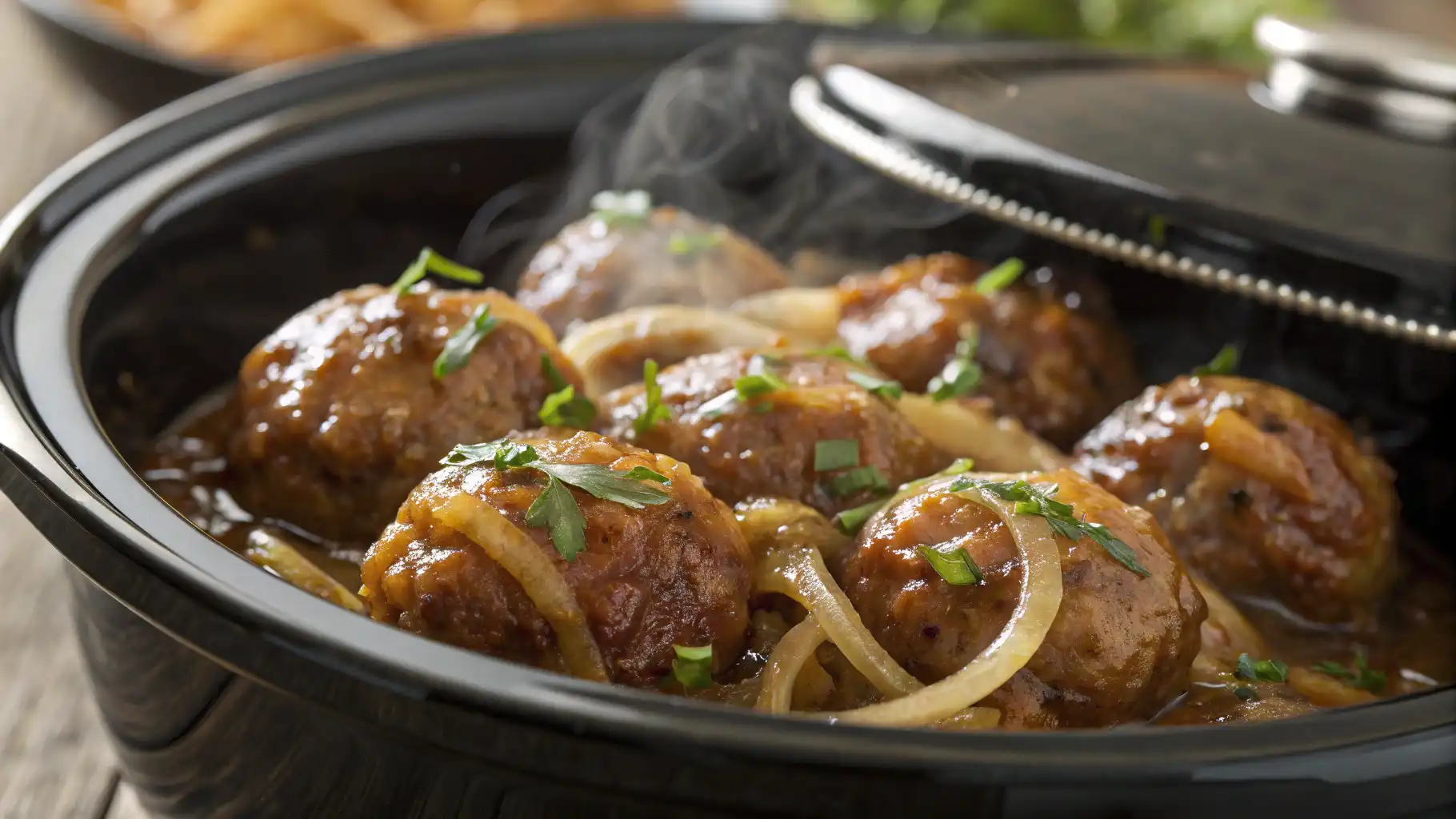 Crockpot French onion meatballs simmering in rich onion gravy with melted cheese, an easy slow cooker dinner recipe.