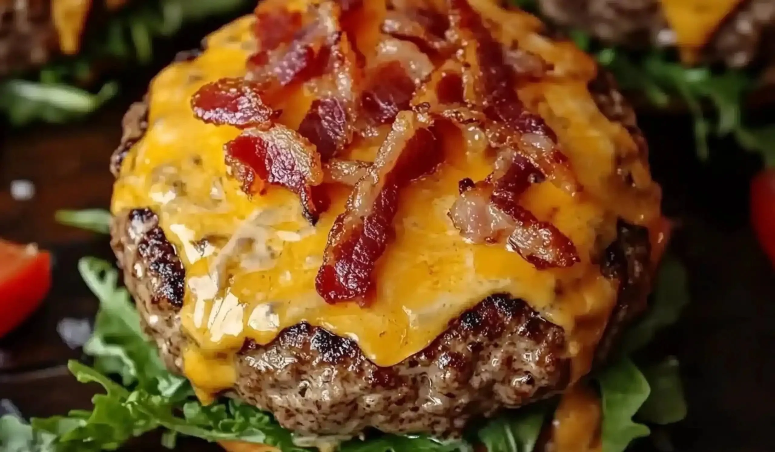 Delicious Crack Burgers recipe with toppings and condiments on a wooden plate
