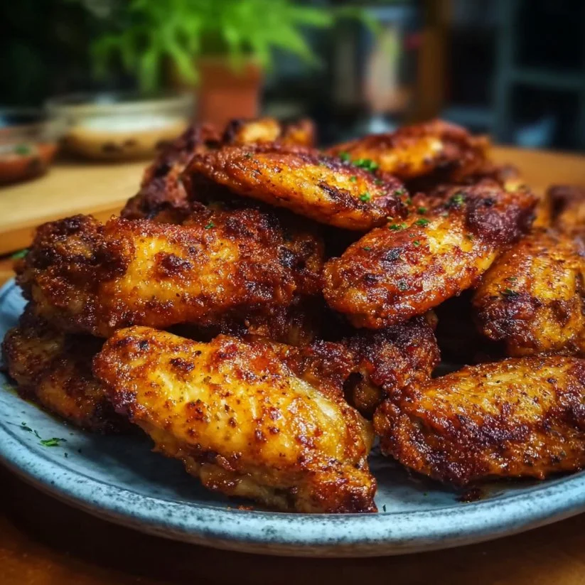 Crispy baked chicken wings served on a platter with dipping sauce.