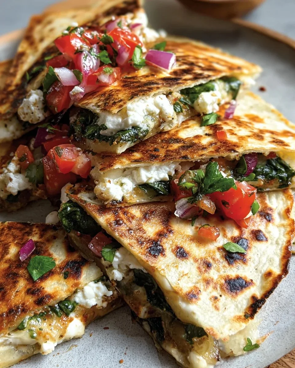 Mediterranean Quesadillas with spinach, feta, mozzarella, and red onion on a plate.