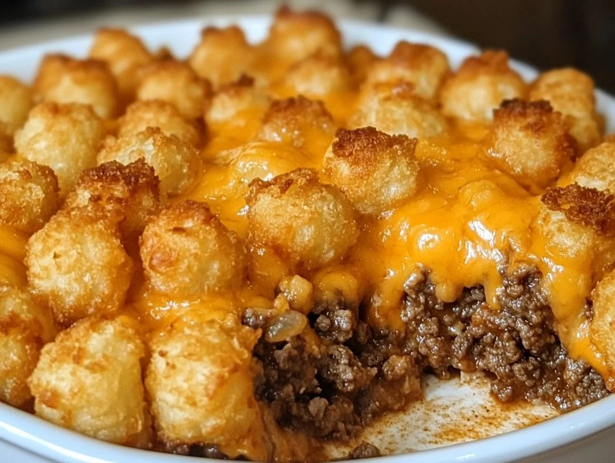Delicious Tater Tot Casserole topped with ground beef and golden tater tots