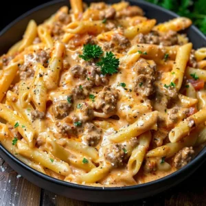 Creamy beef pasta served in a bowl with herbs and parmesan cheese