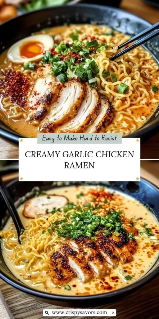 Creamy garlic chicken ramen served in a bowl with herbs