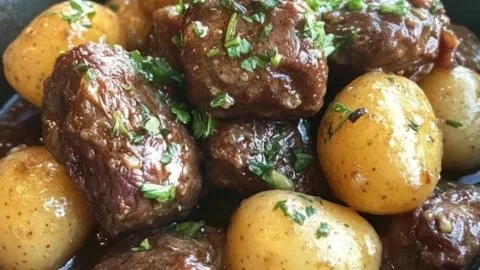 Delicious Garlic Butter Beef Bites served with roasted potatoes