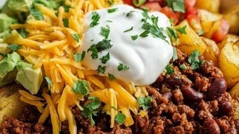 Loaded Potato Taco Bowl with toppings and ingredients.