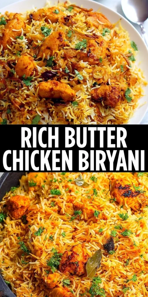 Delicious rich butter chicken biryani served in a bowl with garnishments