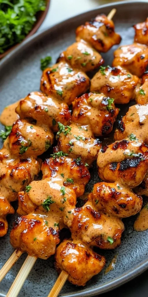 A plate of Bang Bang Chicken Skewers drizzled with spicy sauce.