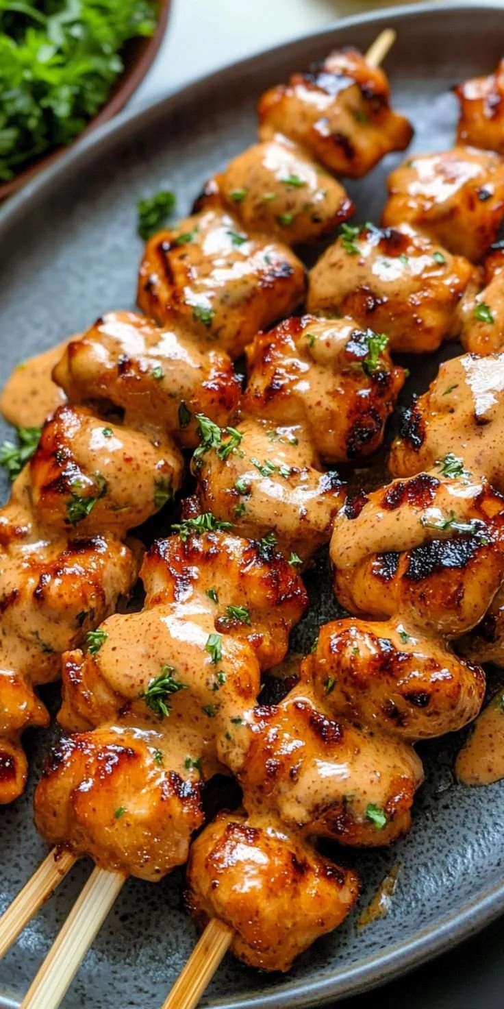 A plate of Bang Bang Chicken Skewers drizzled with spicy sauce.