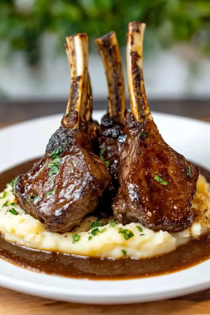 Delicious mashed potatoes served with juicy lamb chops on a plate