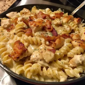 Creamy Chicken Bacon Ranch Pasta with bacon topped with herbs and cheese