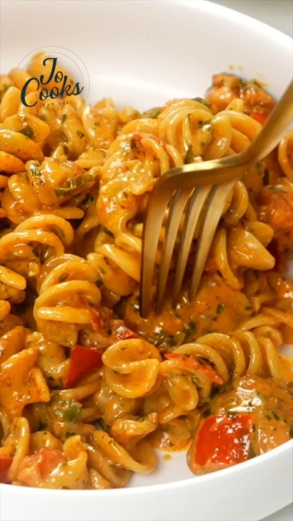 Creamy tomato chicken pasta with herbs and garnishes in a bowl