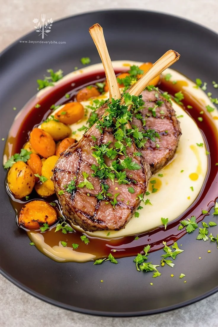 Rack of lamb garnished with mint gremolata on a plate for fine dining.