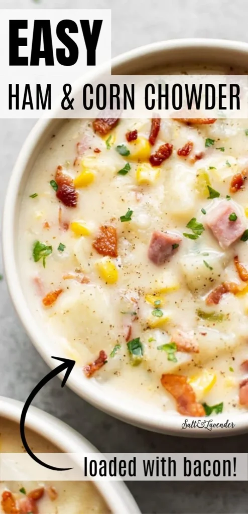 Bowl of delicious ham and corn chowder garnished with herbs