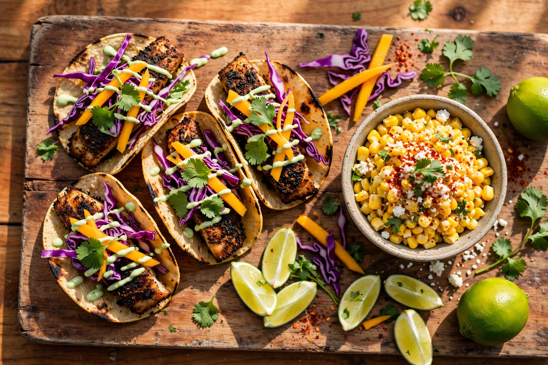 Blackened Fish Tacos with Mango Slaw & Elote Salad