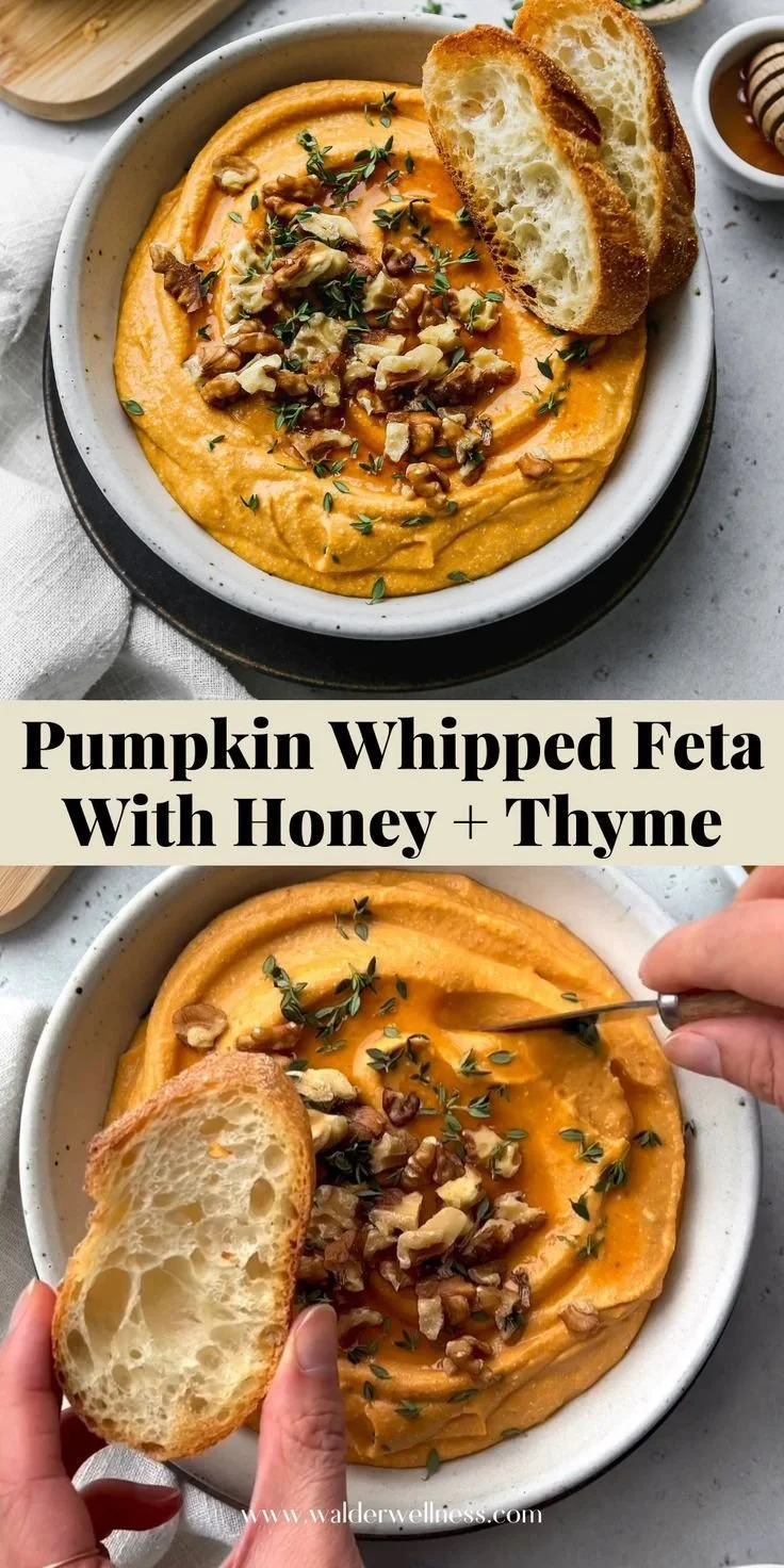 Bowl of pumpkin whipped feta with crackers and herbs